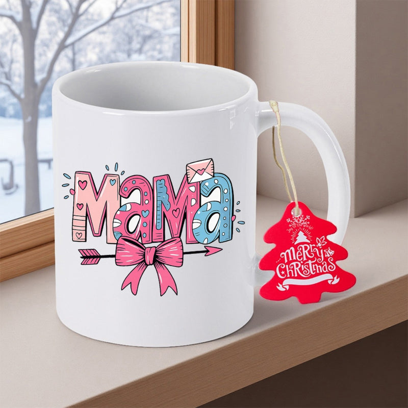 Tailorly White Ceramic 11 oz Mug - Mama Decorative Artistic Letters With Pink Bow And Arrow Design Mama