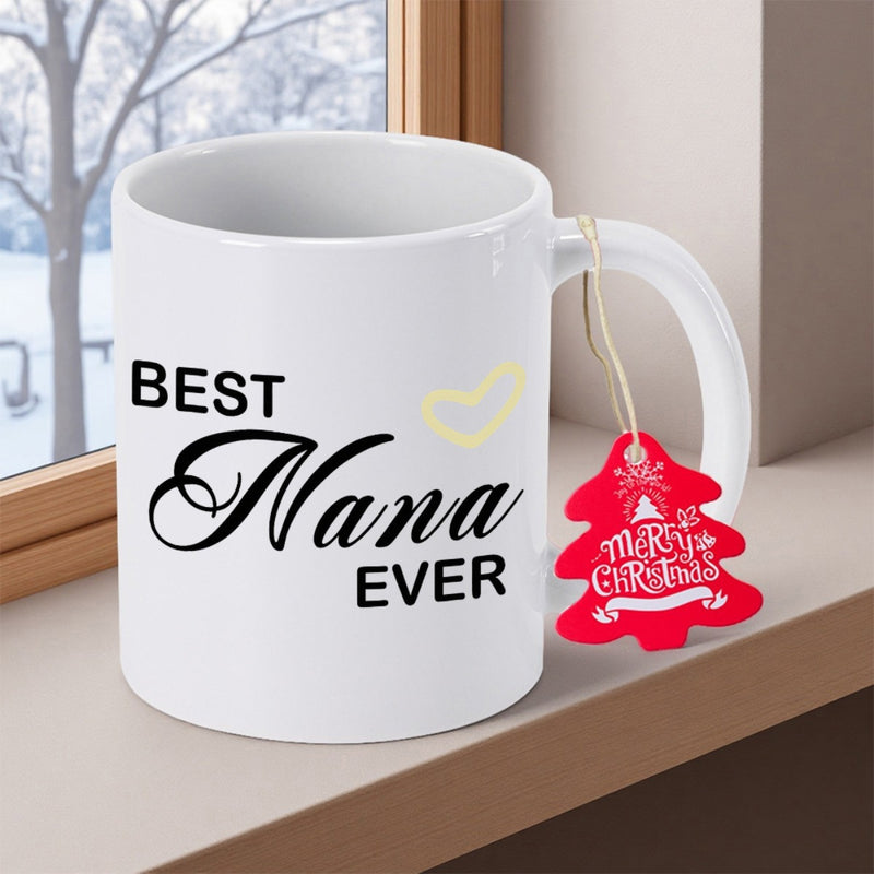 Tailorly White Ceramic 11 oz Mug - Best Nana Ever Merry Christmas Elegant Script Style Design With Delicate Yellow Heart Pattern Mug