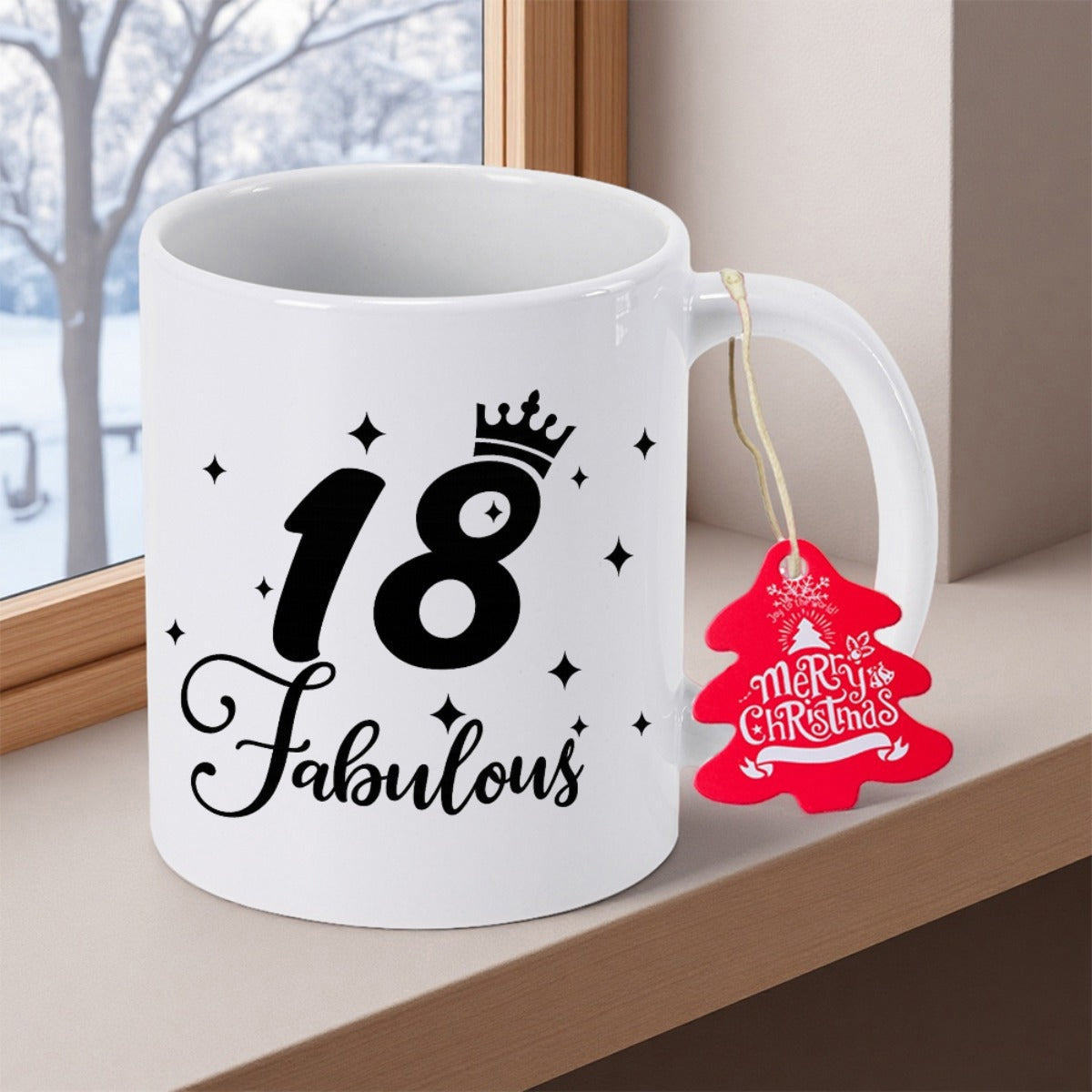 Tailorly White Ceramic 11 oz Mug - 18 Fabulous Merry Christmas Royal Crown And Twinkling Stars Decorating A Bold Large Black Eighteen