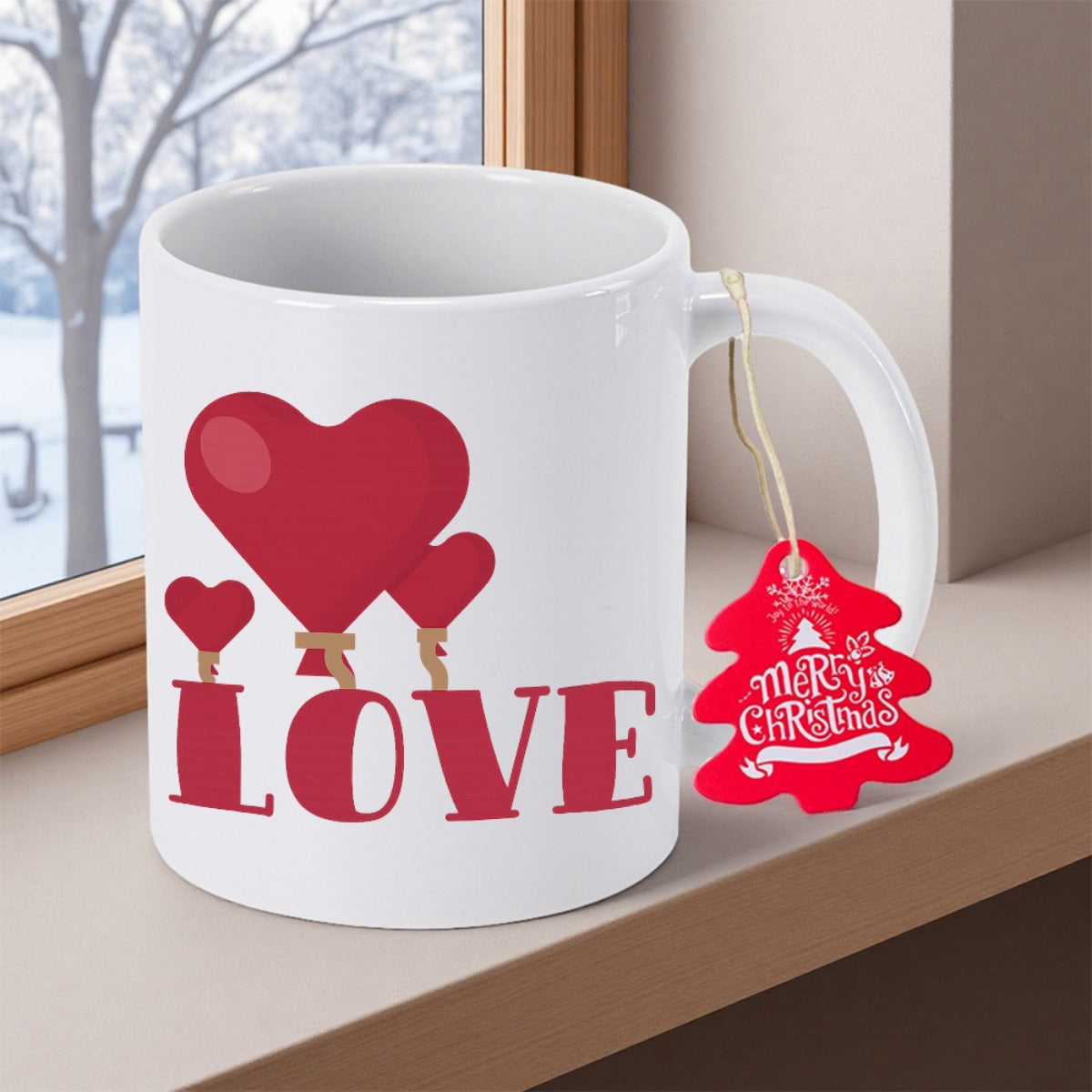 Tailorly White Ceramic 11 oz Mug - Love Merry Christmas Vibrant Red Heart Balloons Floating Above Bold Serif Letters Heart