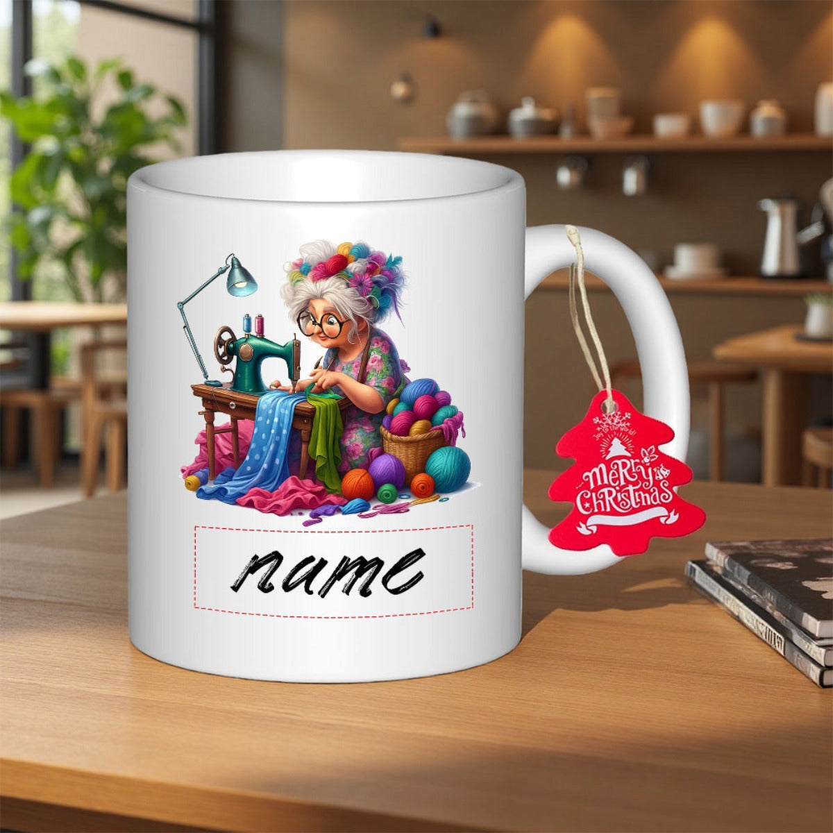 Tailorly White Ceramic 11 oz Mug - Name Merry Christmas Creative Sewing Scene With Colorful Yarn And Vintage Machine Grandmother