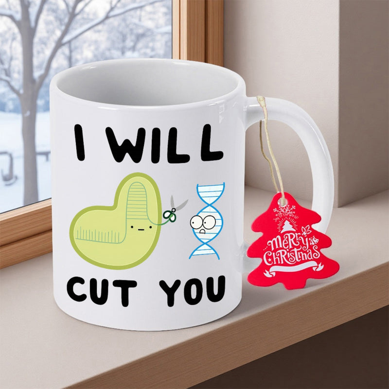 Tailorly White Ceramic 11 oz Mug - I Will Cut You Cute Green Cartoon Character Cutting A DNA Double Helix With Sharp Scissors Mug