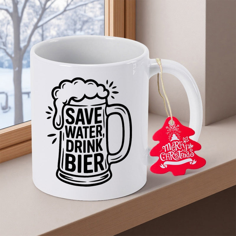 Tailorly White Ceramic 11 oz Mug - Save Water Drink Bold Stylized Illustration Of A Frothy Foaming Glass Beer Mug