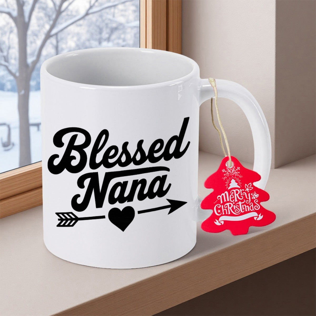 Tailorly White Ceramic 11 oz Mug - Blessed Nana Elegant Black Arrow Passing Through A Small Solid Heart Mug