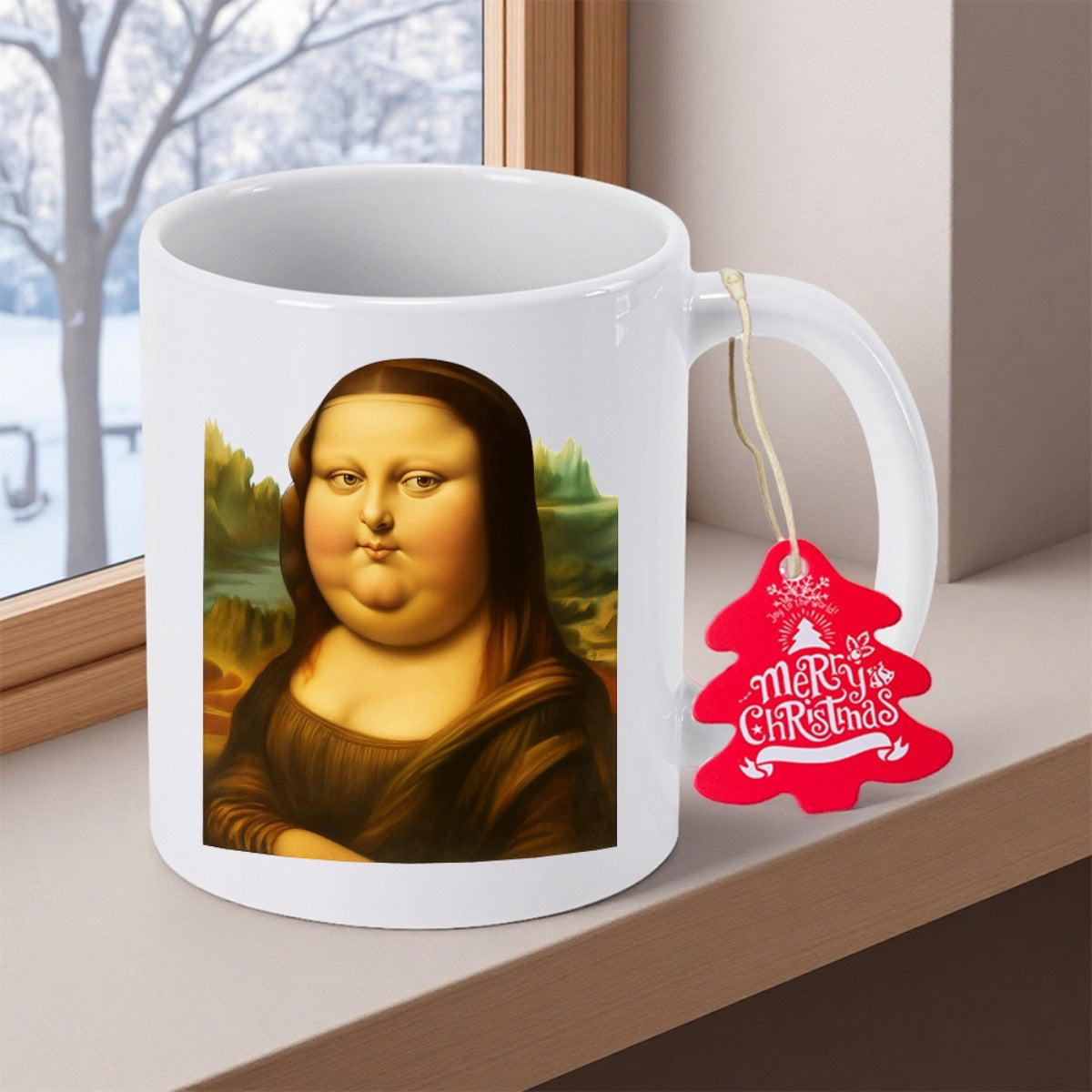Tailorly White Ceramic 11 oz Mug - Merry Christmas Humorous Plump Reimagined Masterpiece Classic Painting With Soft Outdoor Winter Light Portrait