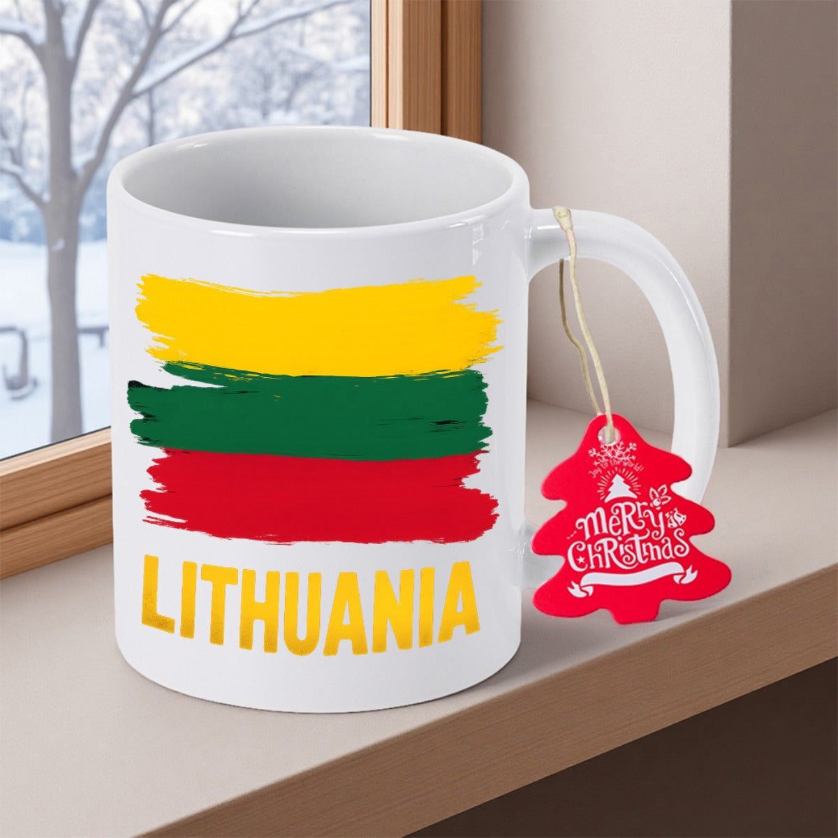 Tailorly White Ceramic 11 oz Mug - Lithuania Vibrant Artistic Paint Brush Strokes Representing National Colors Bold Heritage Flag
