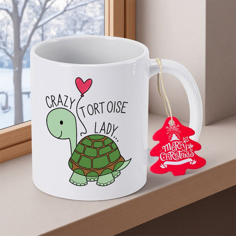 Tailorly White Ceramic 11 oz Mug - Crazy Tortoise Lady Cute Cartoon Character With Green Shell Holding Red Heart Shaped Balloon Tortoise