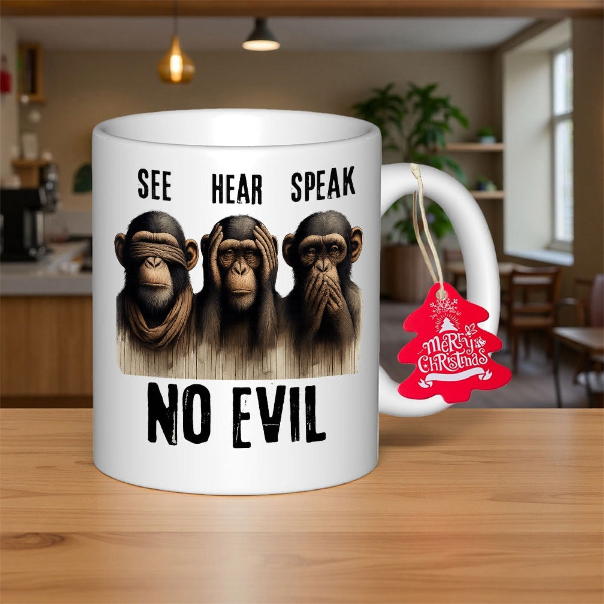 Tailorly White Ceramic 11 oz Mug - See Hear Speak No Evil Three Wise Monkeys Displaying Classic Moral Maxim With Detailed Textures Chimpanzee