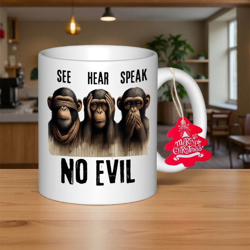 Tailorly White Ceramic 11 oz Mug - See Hear Speak No Evil Three Wise Monkeys Displaying Classic Moral Maxim With Detailed Textures Chimpanzee