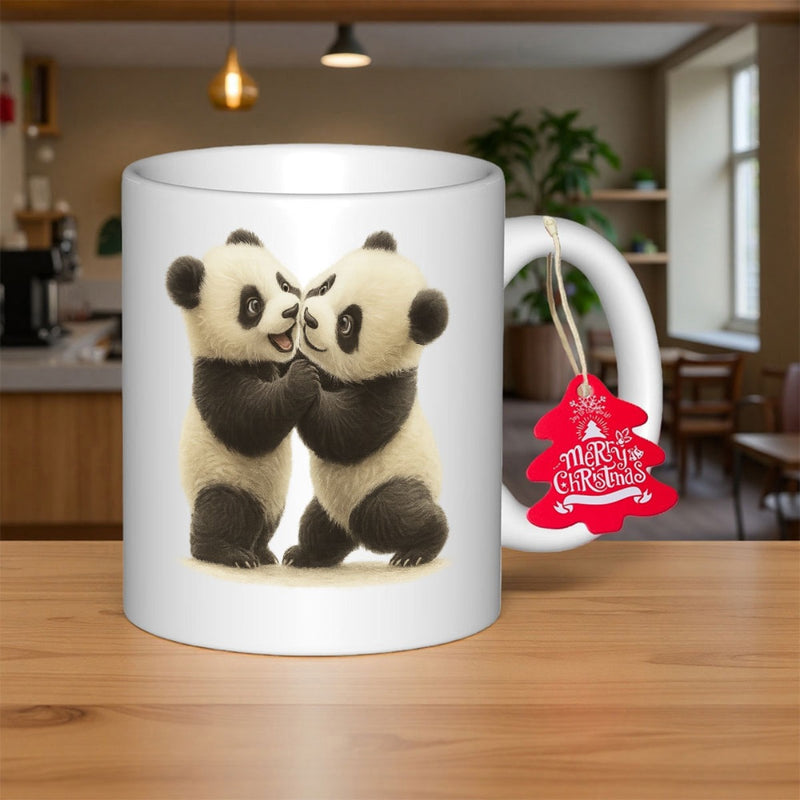 Tailorly White Ceramic 11 oz Mug - Merry Christmas Two Adorable Fluffy Pandas Cuddling Together In A Heartwarming Pose Panda