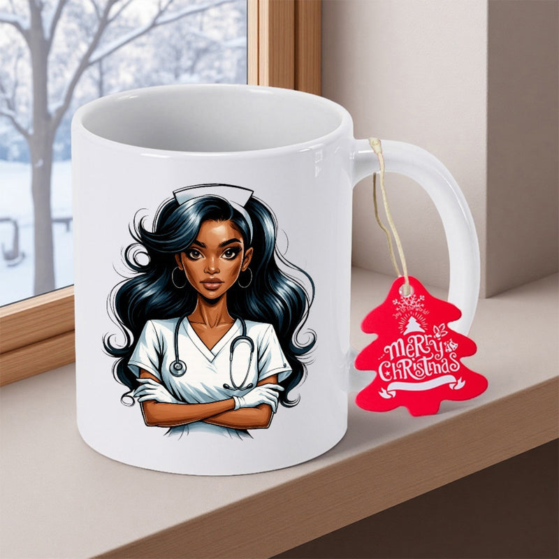 Tailorly White Ceramic 11 oz Mug - Merry Christmas Elegant African American Lady Wearing Stethoscope And Professional Medical Uniform Nurse