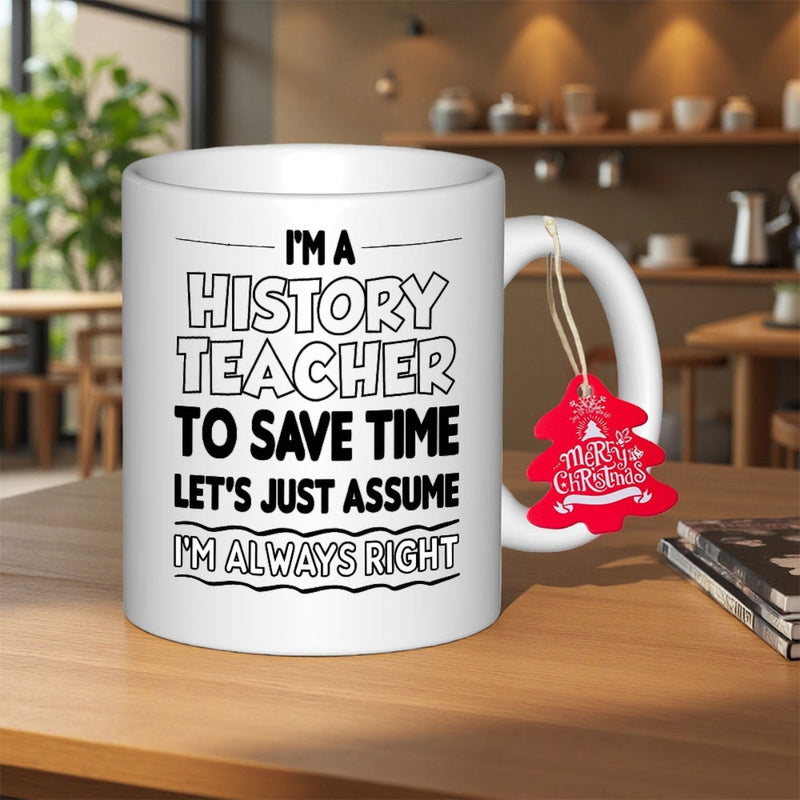 Tailorly White Ceramic 11 oz Mug - Im A History Teacher To Save Time Lets Just Assume Im Always Right Classic White Ceramic With Clean Lines And Typography Mug