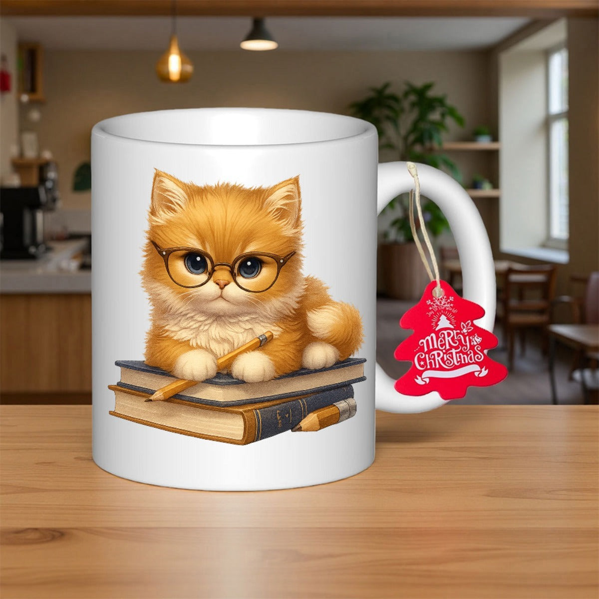 Tailorly White Ceramic 11 oz Mug - Merry Christmas Adorable Studious Ginger Kitten Wearing Glasses Resting On Old Books Cat