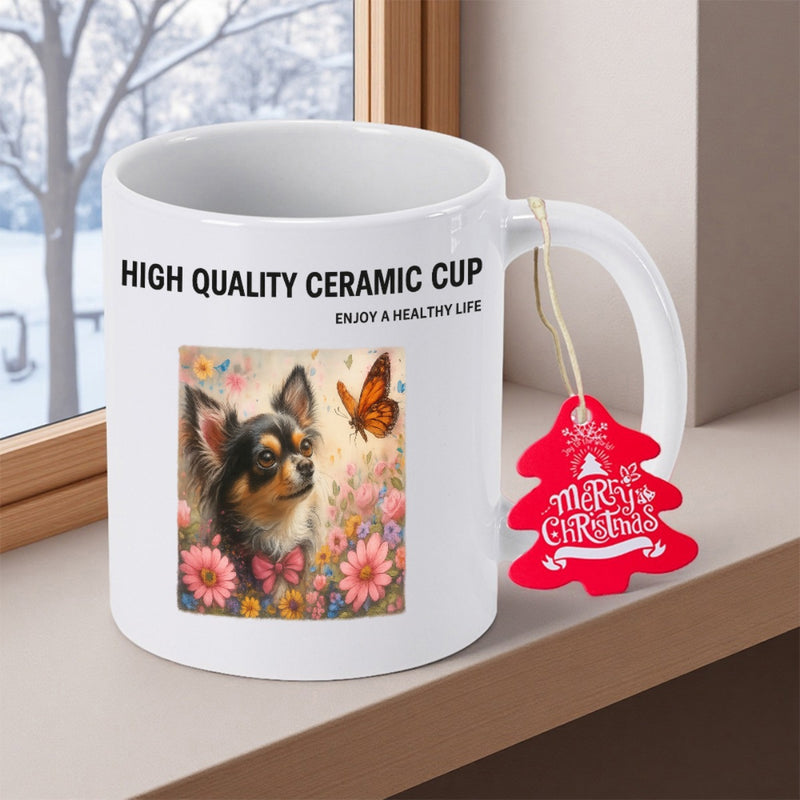 Tailorly White Ceramic 11 oz Mug - High Quality Ceramic Cup Enjoy A Healthy Life Merry Christmas Adorable Long Haired Chihuahua Gazing At Orange Butterfly Amidst