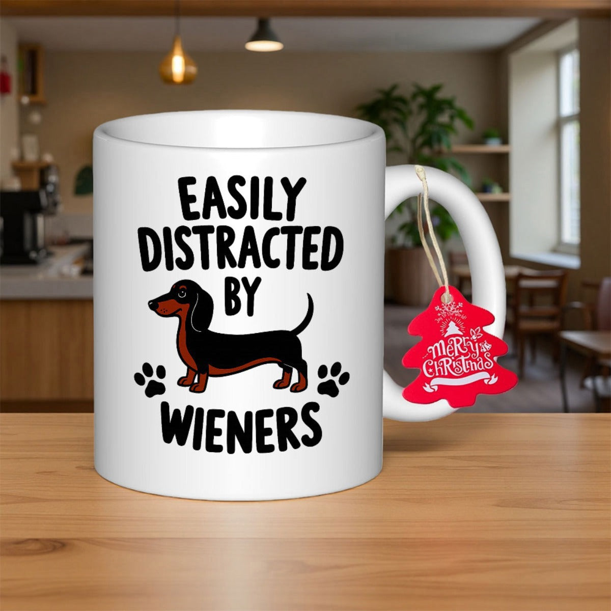 Tailorly White Ceramic 11 oz Mug - Easily Distracted By Wieners Adorable Small Brown And Black Dog With Paw Prints Dachshund