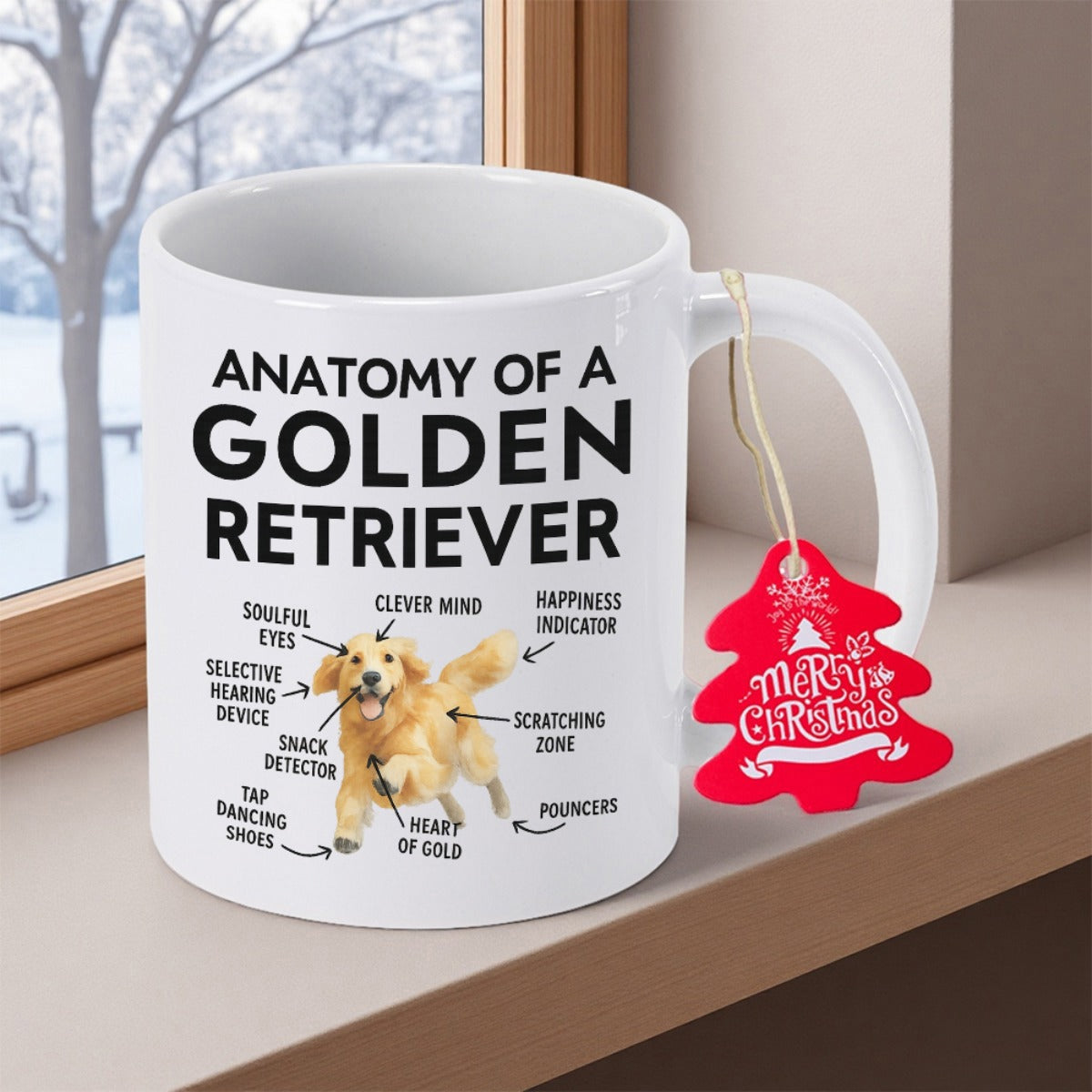 Tailorly White Ceramic 11 oz Mug - Anatomy Of A Golden Retriever Joyful Golden Dog Running With Informative Body Part Pointer Labels Golden Retriever