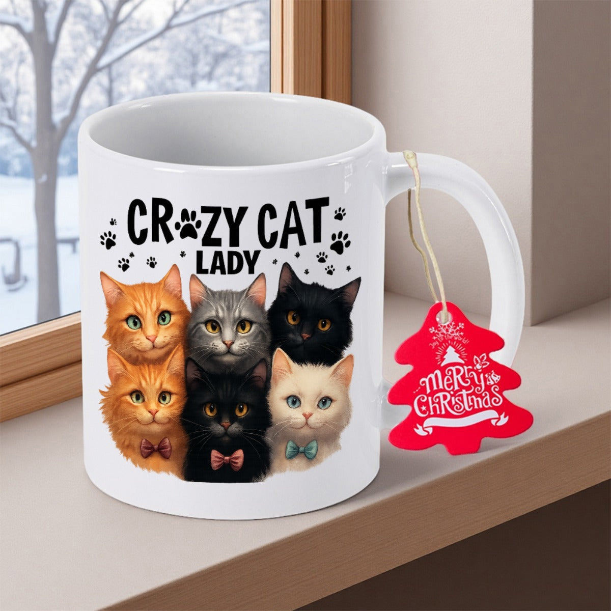 Tailorly White Ceramic 11 oz Mug - Crazy Cat Lady Six Small Adorable Feline Faces Wearing Tiny Colorful Formal Bowties Cat