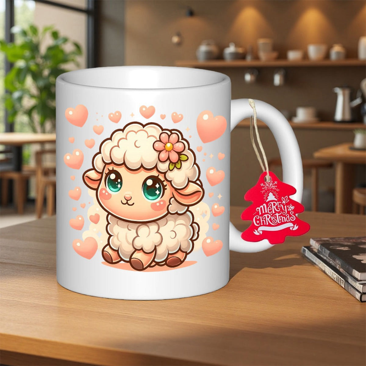 Tailorly White Ceramic 11 oz Mug - Merry Christmas Adorable Cartoon Style With Tiny Peach Hearts And Blossoming Flower Lamb