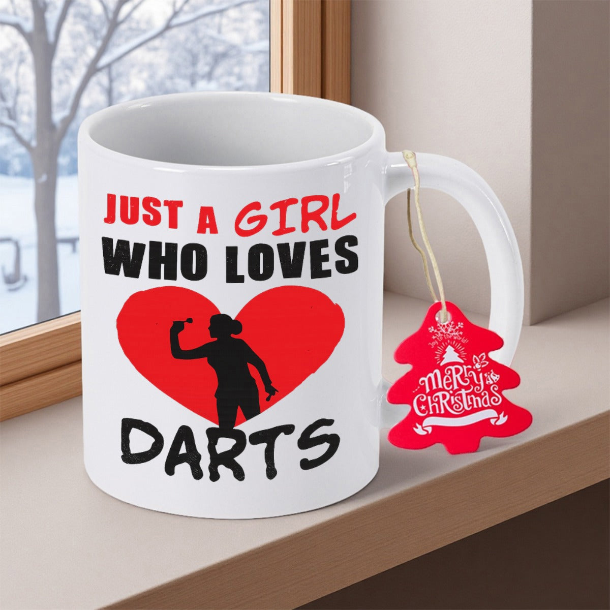 Tailorly White Ceramic 11 oz Mug - Just A Girl Who Loves Darts Vibrant Red Heart With Female Athlete Throwing Sharp Dart Athlete