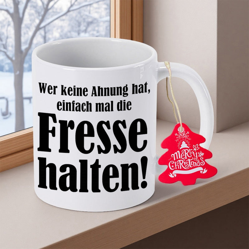 Tailorly White Ceramic 11 oz Mug - Merry Christmas Classic Ceramic Vessel On Window Sill With Festive Red Holiday Tag Mug