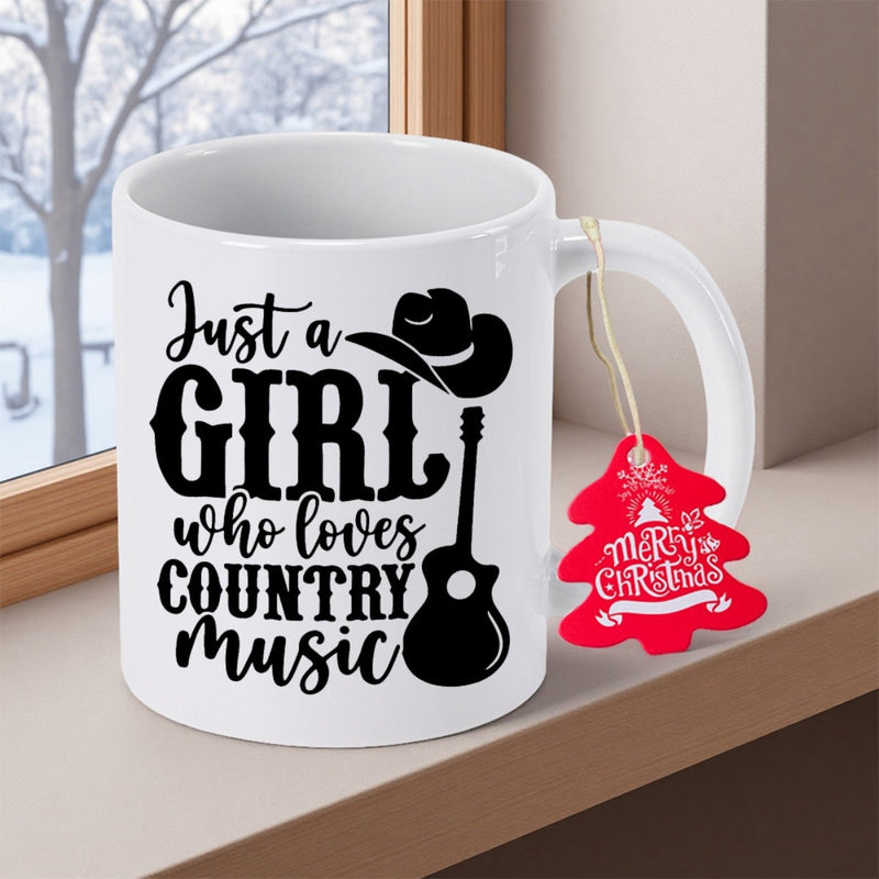 Tailorly White Ceramic 11 oz Mug - Just A Girl Who Loves Country Music Rustic Western Silhouette Of A Cowboy Hat And Acoustic Guitar