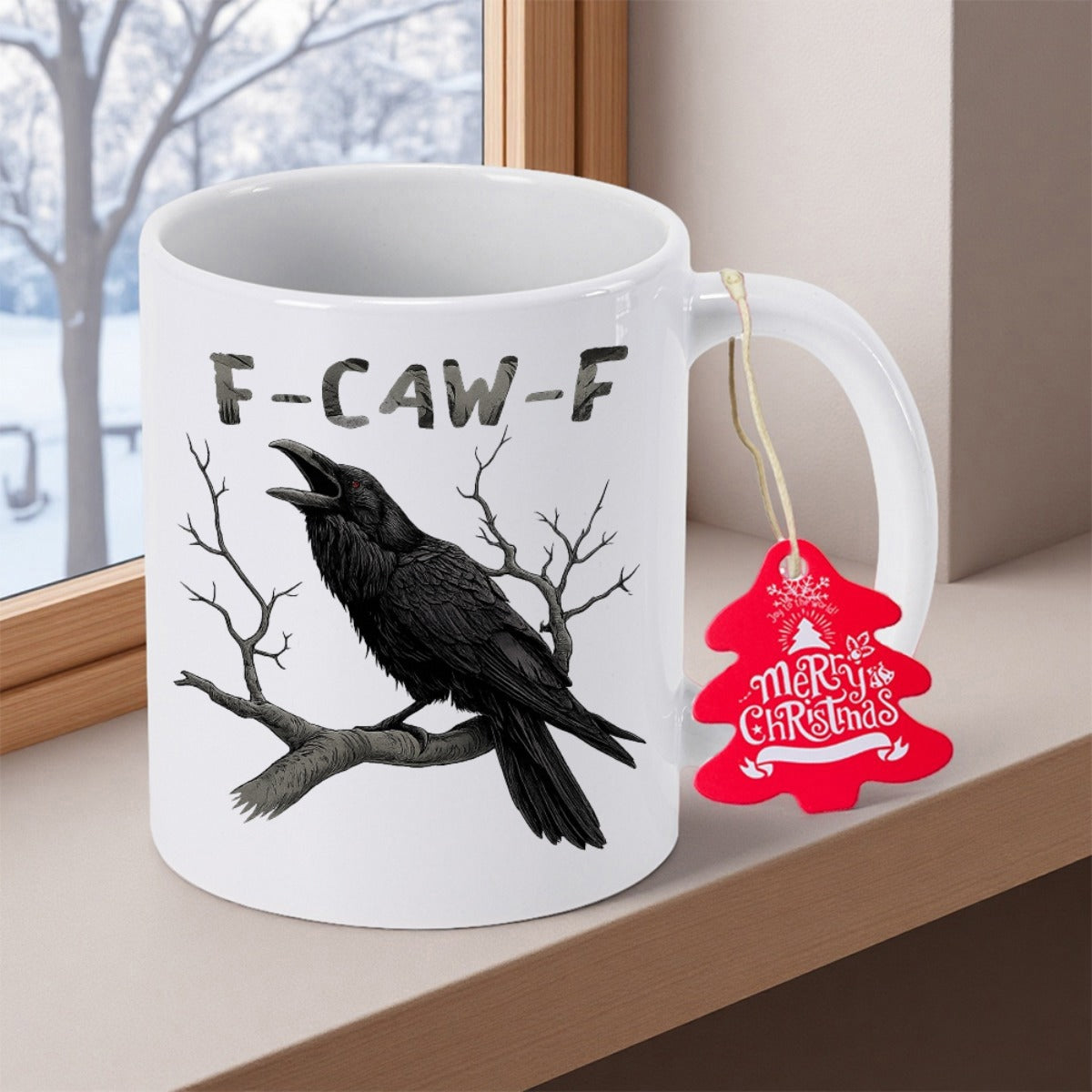 Tailorly White Ceramic 11 oz Mug - F Caw F Majestic Black Raven Perched Upon Bare Winter Tree Branches Among Snow Crow