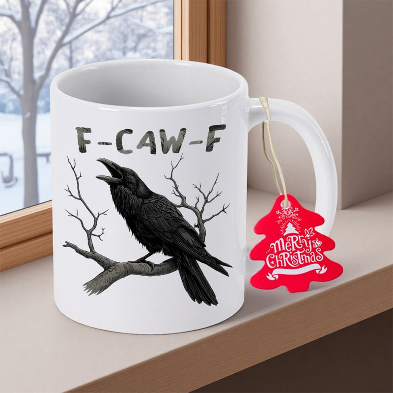 Tailorly White Ceramic 11 oz Mug - F Caw F Majestic Black Raven Perched Upon Bare Winter Tree Branches Among Snow Crow