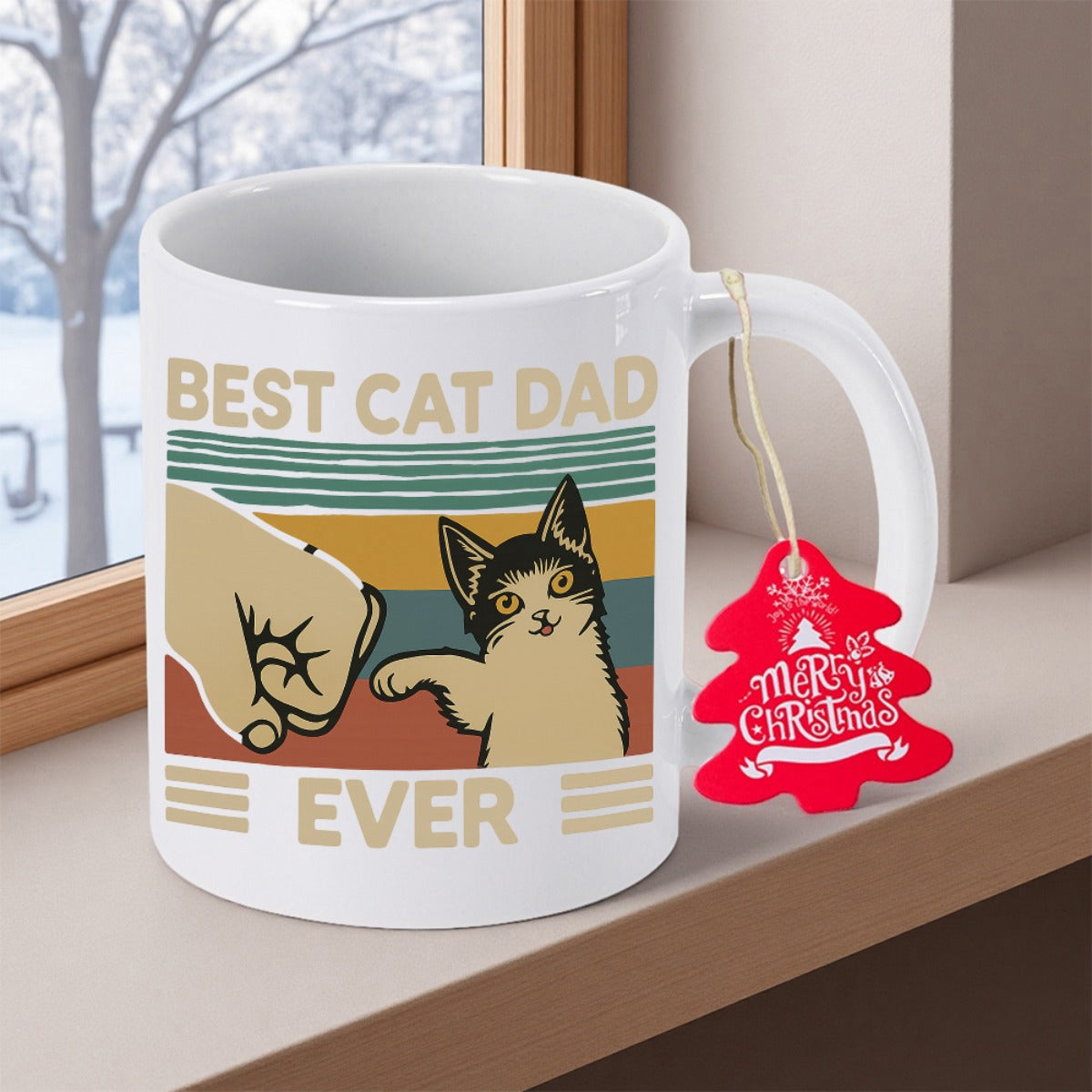 Tailorly White Ceramic 11 oz Mug - Best Cat Dad Ever Vintage Retro Sunset Stripes Human Hand Fist Bumping Small Kitten Cat