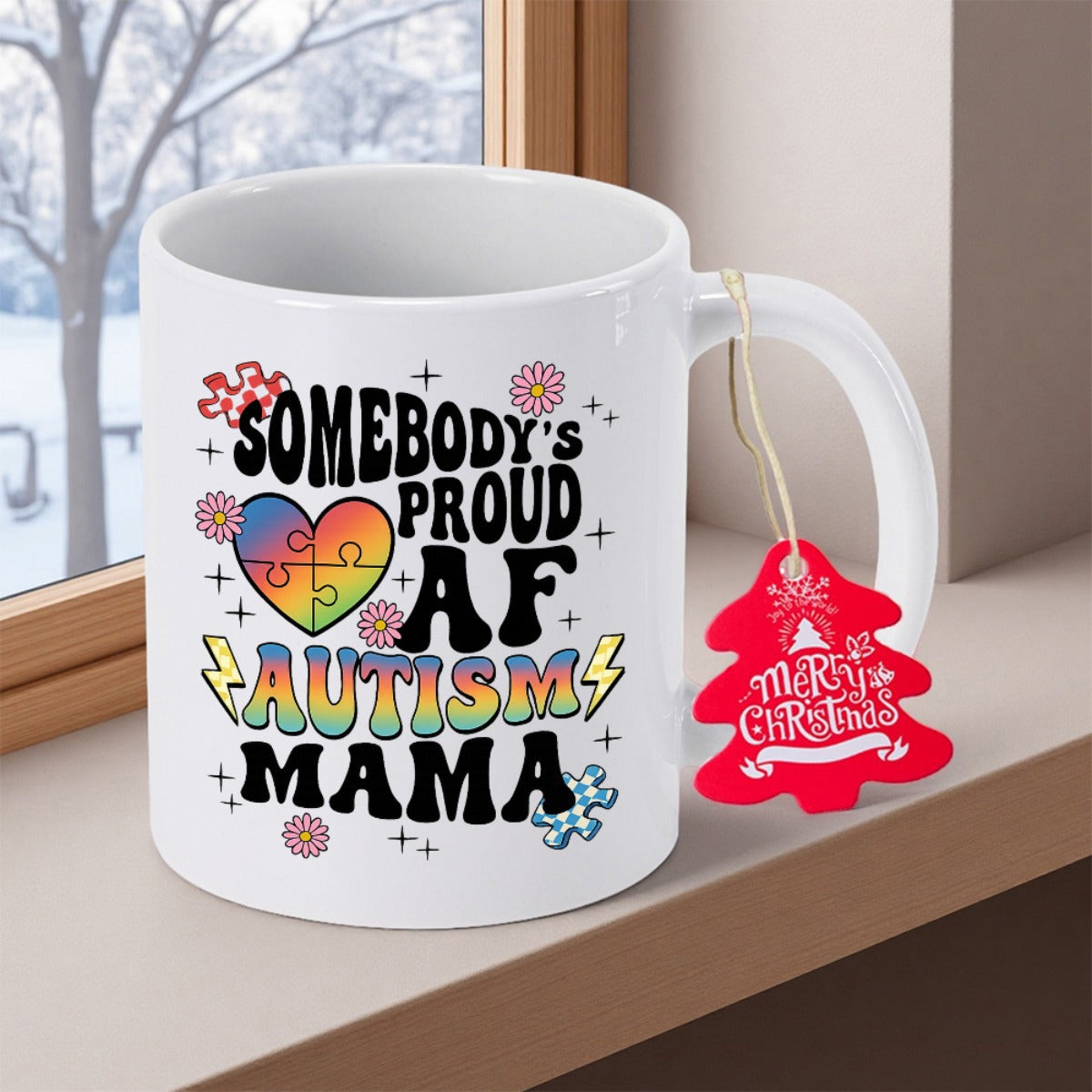 Tailorly White Ceramic 11 oz Mug - Somebody Proud AF Autism Mama Colorful Puzzle Heart Decorated With Flowers And Lightning Bolts Heart