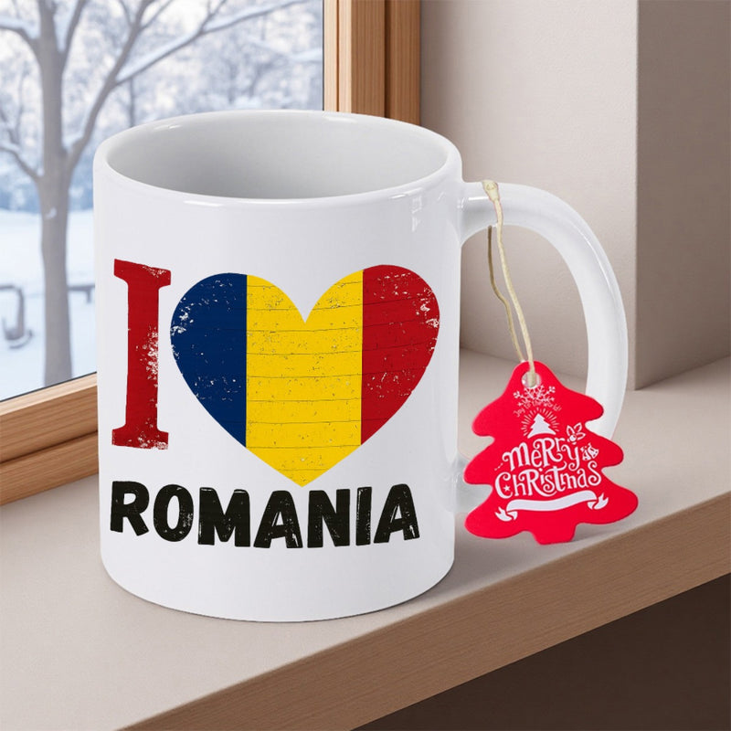 Tailorly White Ceramic 11 oz Mug - I Romania Distressed Weathered Romanian Flag Colors Inside A Symmetrical Bold Heart