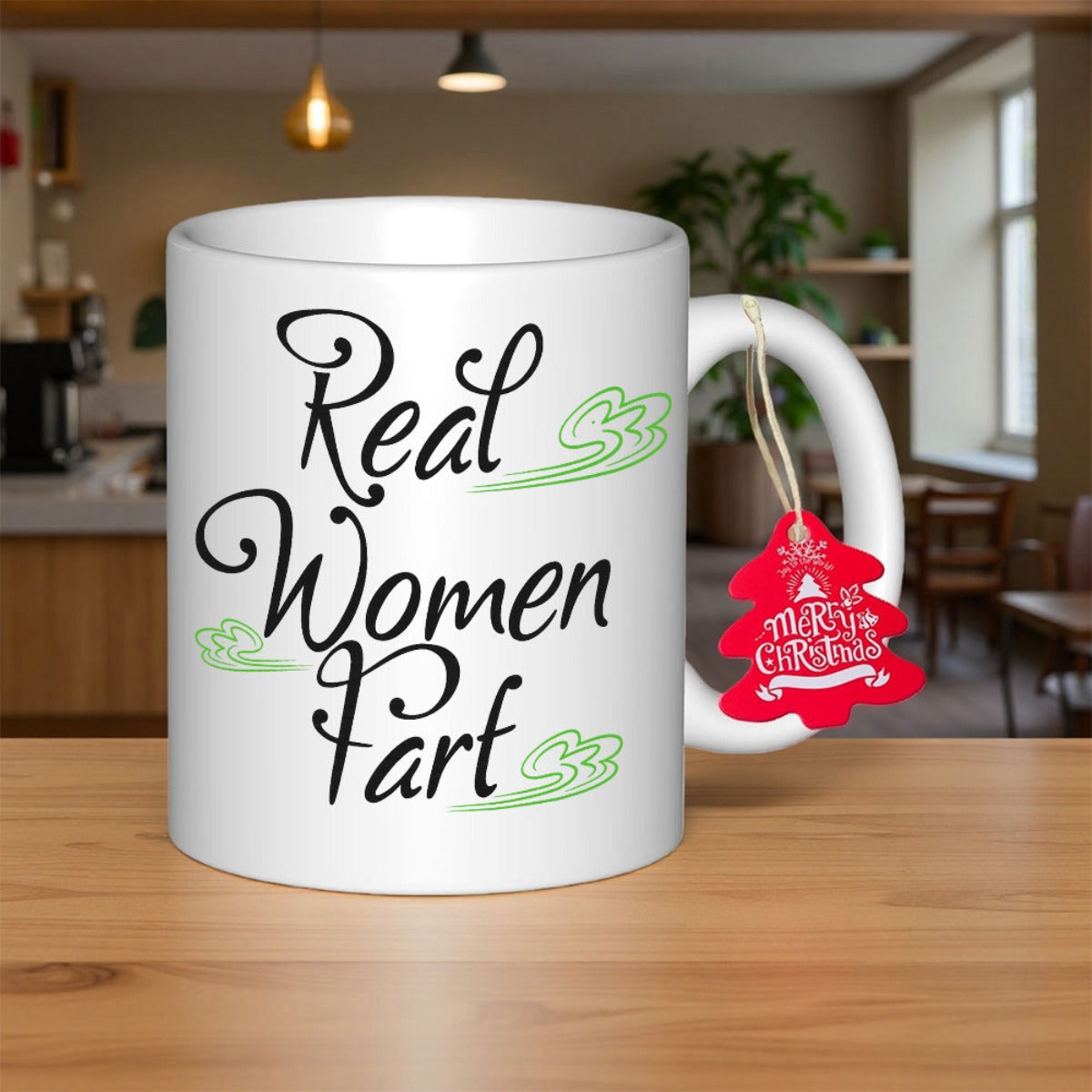 Tailorly White Ceramic 11 oz Mug - Real Women Fart Minimalist Green Wind Swirls Surrounding Bold Decorative Script Text Mug