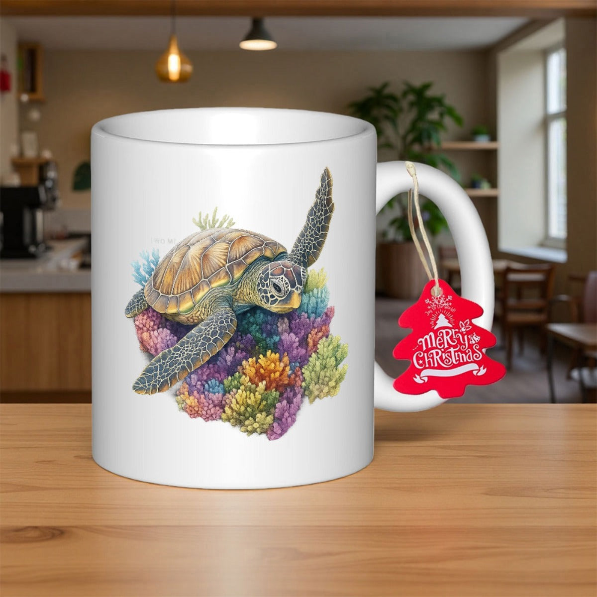 Tailorly White Ceramic 11 oz Mug - Vibrant Colorful Coral Reef With Majestic Sea Turtle Swimming Gracefully Turtle
