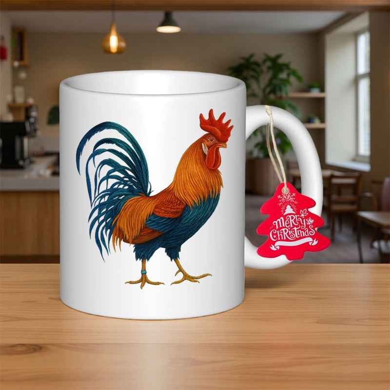 Tailorly White Ceramic 11 oz Mug - Merry Christmas Vibrant Feathers With Long Curved Blue Tail Standing Proudly Farmhouse Rooster