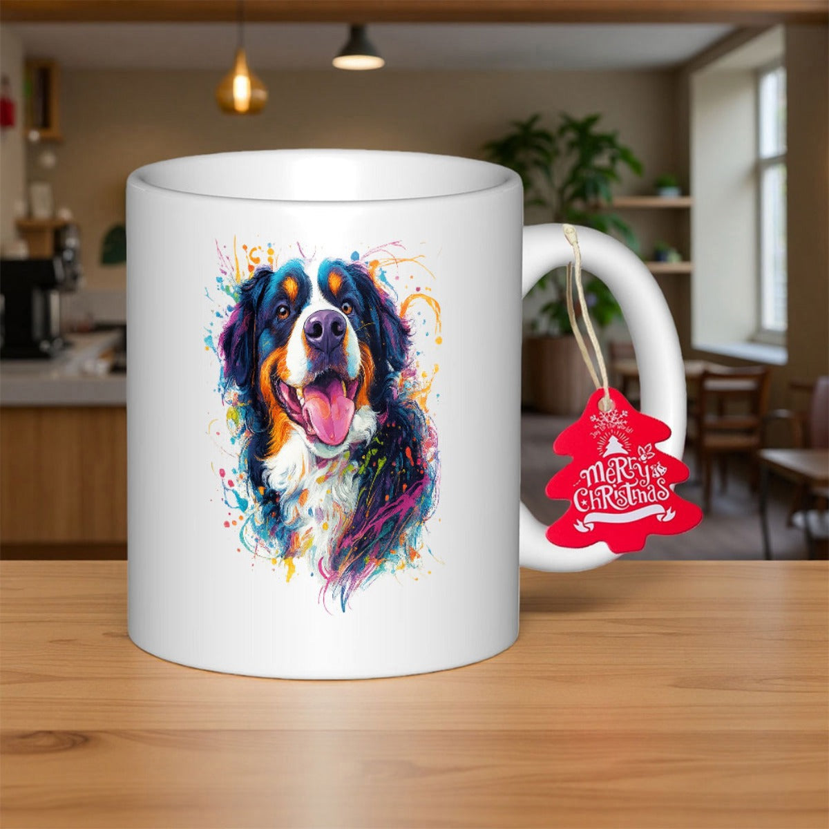 Tailorly White Ceramic 11 oz Mug - Vibrant Artistic Watercolor Style Portrait Featuring A Happy Sitting Majestic Dog