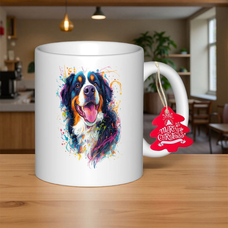 Tailorly White Ceramic 11 oz Mug - Vibrant Artistic Watercolor Style Portrait Featuring A Happy Sitting Majestic Dog