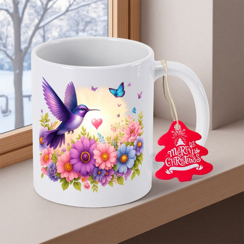 Tailorly White Ceramic 11 oz Mug - Merry Christmas Vibrant Purple Hummingbird Hovering Near Colorful Spring Flowers Among Blue Butterflies Hummingbird