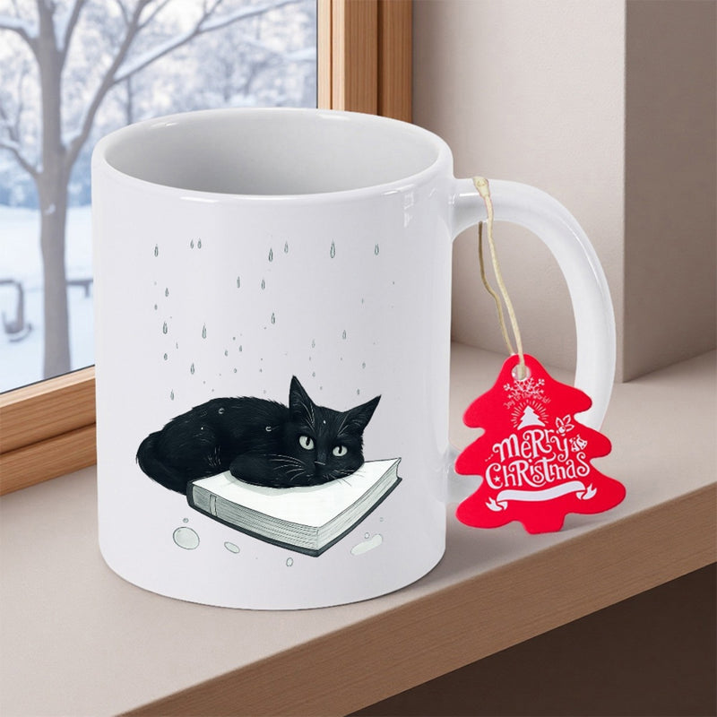 Tailorly White Ceramic 11 oz Mug - Merry Christmas Adorable Black Cat Resting Peacefully On A Thick White Book Cat