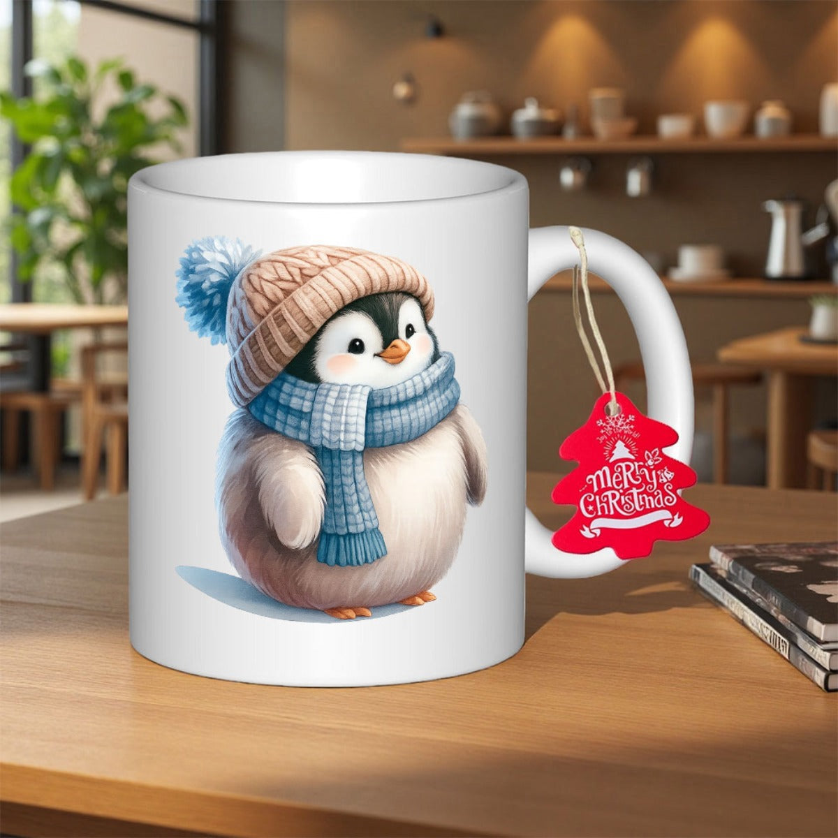 Tailorly White Ceramic 11 oz Mug - Merry Christmas Cute Baby Animal Wearing Knitted Beanie And Blue Winter Scarf Penguin