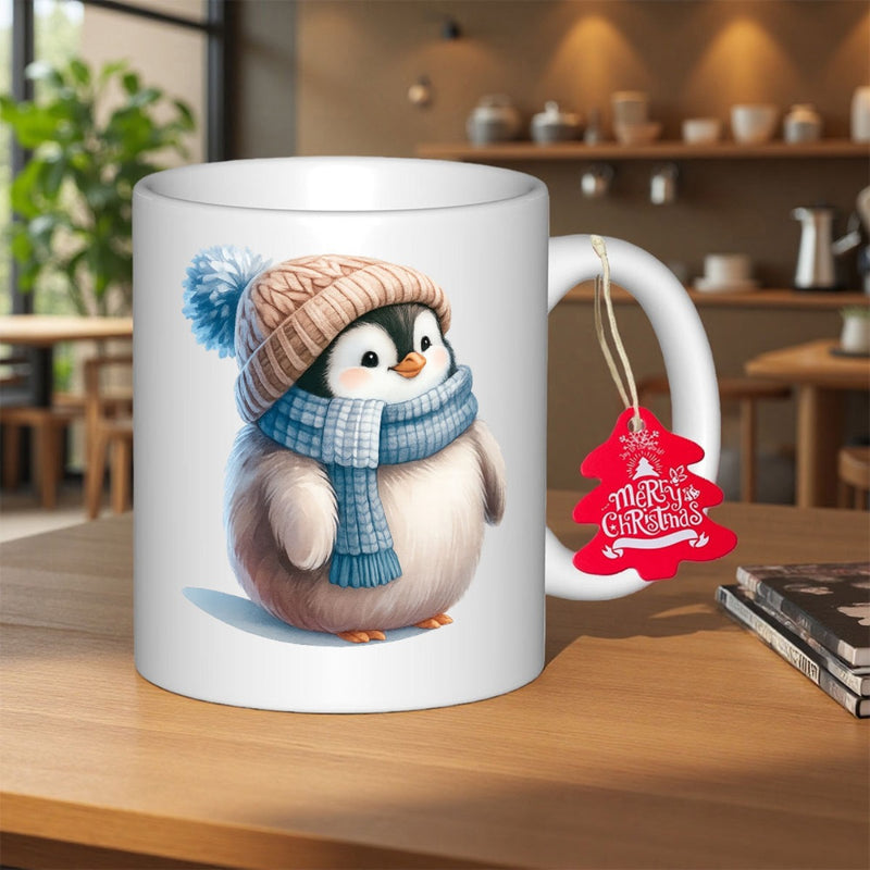 Tailorly White Ceramic 11 oz Mug - Merry Christmas Cute Baby Animal Wearing Knitted Beanie And Blue Winter Scarf Penguin