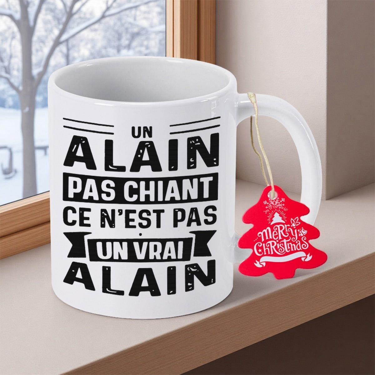 Tailorly White Ceramic 11 oz Mug - Merry Christmas White Ceramic Cup Featuring Festive Red Tag Under Snowy Window Mug