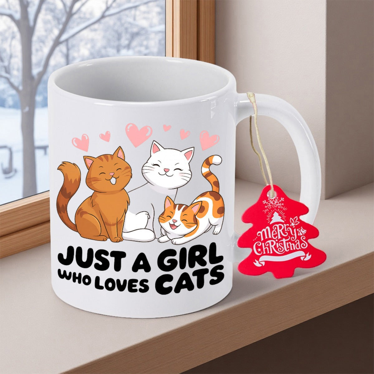 Tailorly White Ceramic 11 oz Mug - Just A Girl Who Loves Cats Playful Feline Friends Surrounded By Delicate Pink Hearts Cat