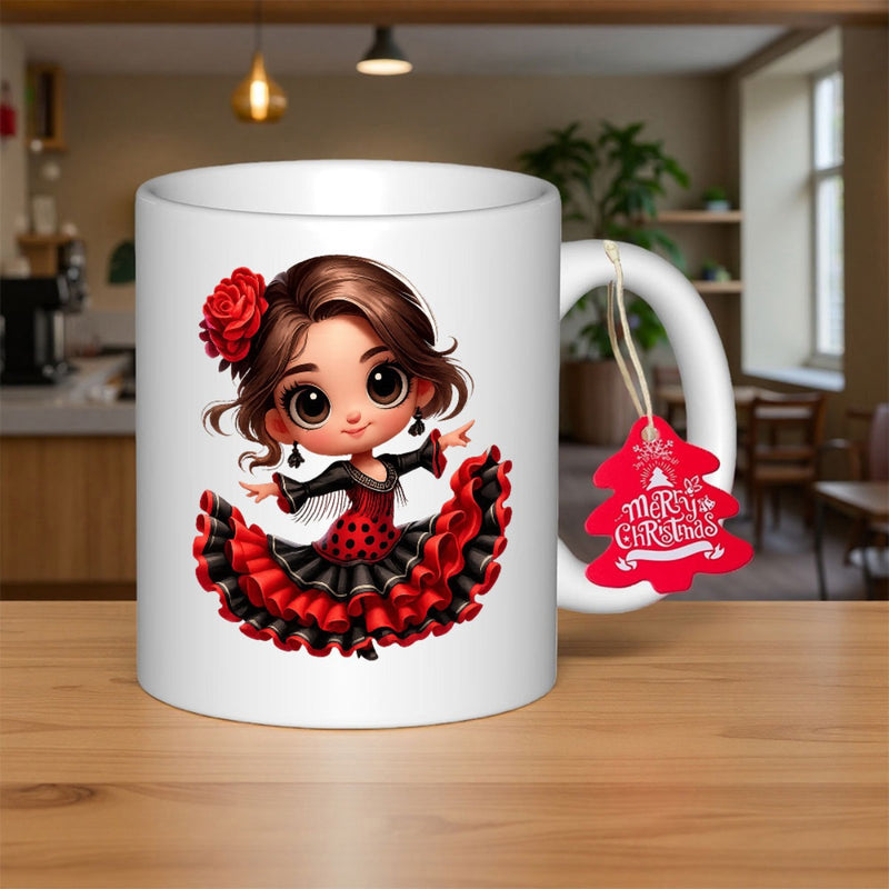 Tailorly White Ceramic 11 oz Mug - Merry Christmas Beautiful Chibi Dancer Wearing Traditional Spanish Ruffled Red Dress Dancing Girl
