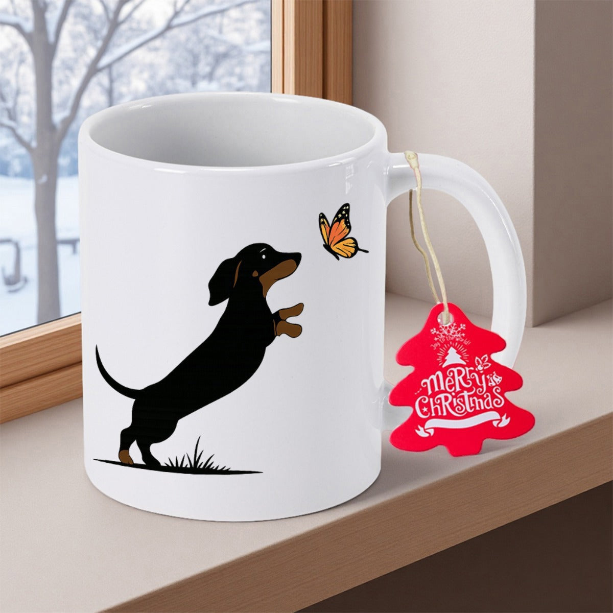 Tailorly White Ceramic 11 oz Mug - Merry Christmas Playful Black And Tan Puppy Reaching For A Colorful Delicate Butterfly Dachshund