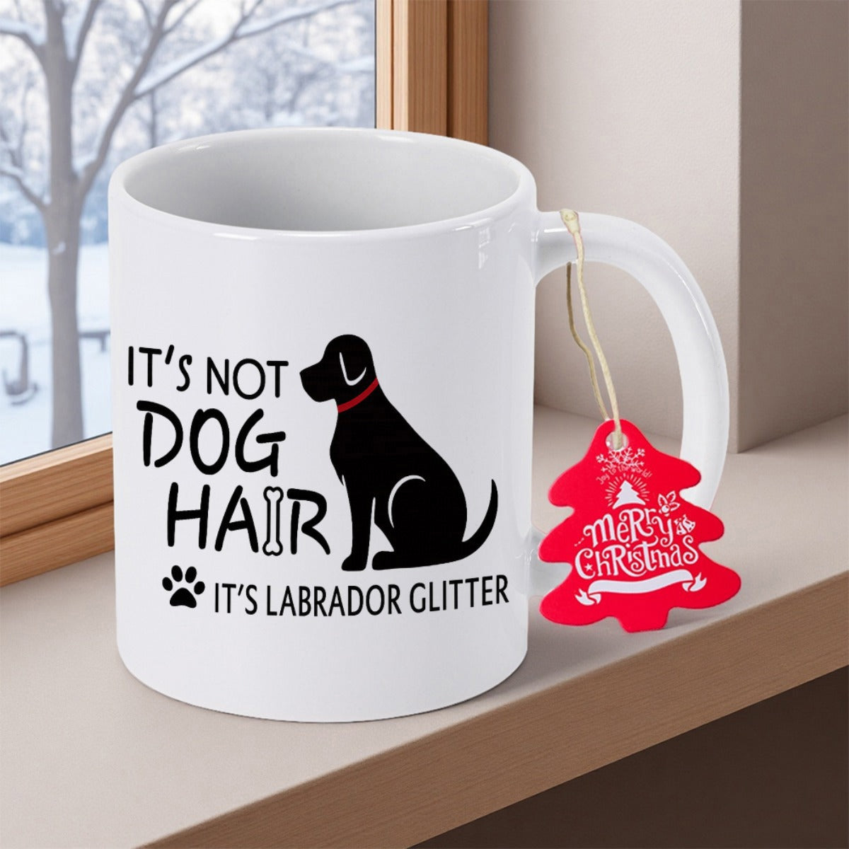 Tailorly White Ceramic 11 oz Mug - Its Not Dog Hair Its Labrador Glitter Majestic Black Labrador Silhouette Sitting With A Tiny Paw Print Labrador