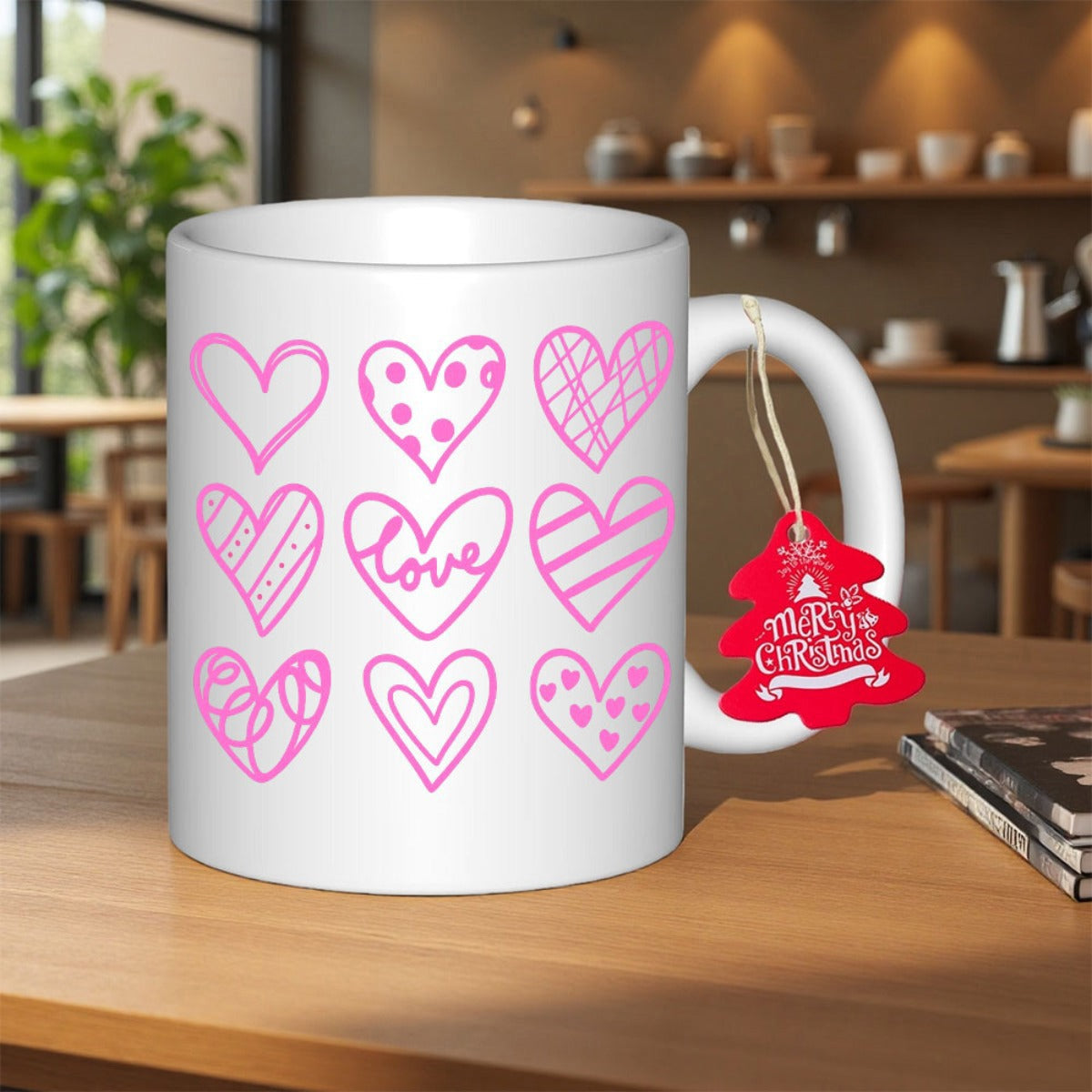 Tailorly White Ceramic 11 oz Mug - Love Delicate Pink Hand Drawn Textures Arranged In A Symmetric Grid Hearts