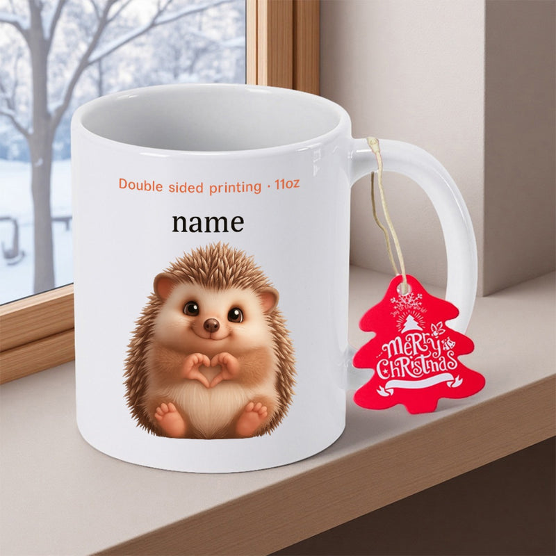 Tailorly White Ceramic 11 oz Mug - Merry Christmas Adorable Small Brown Animal Forming Heart Shape With Paws Sitting Hedgehog