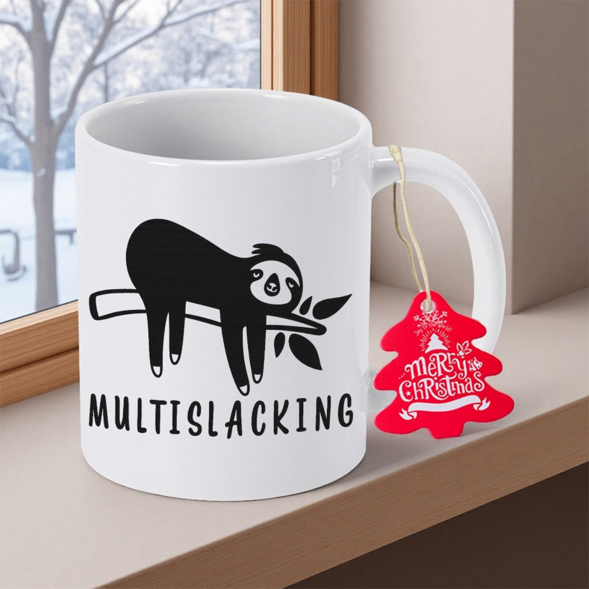 Tailorly White Ceramic 11 oz Mug - Multislacking Minimalist Black Silhouette Hanging Lazily From Tree Branch Sloth