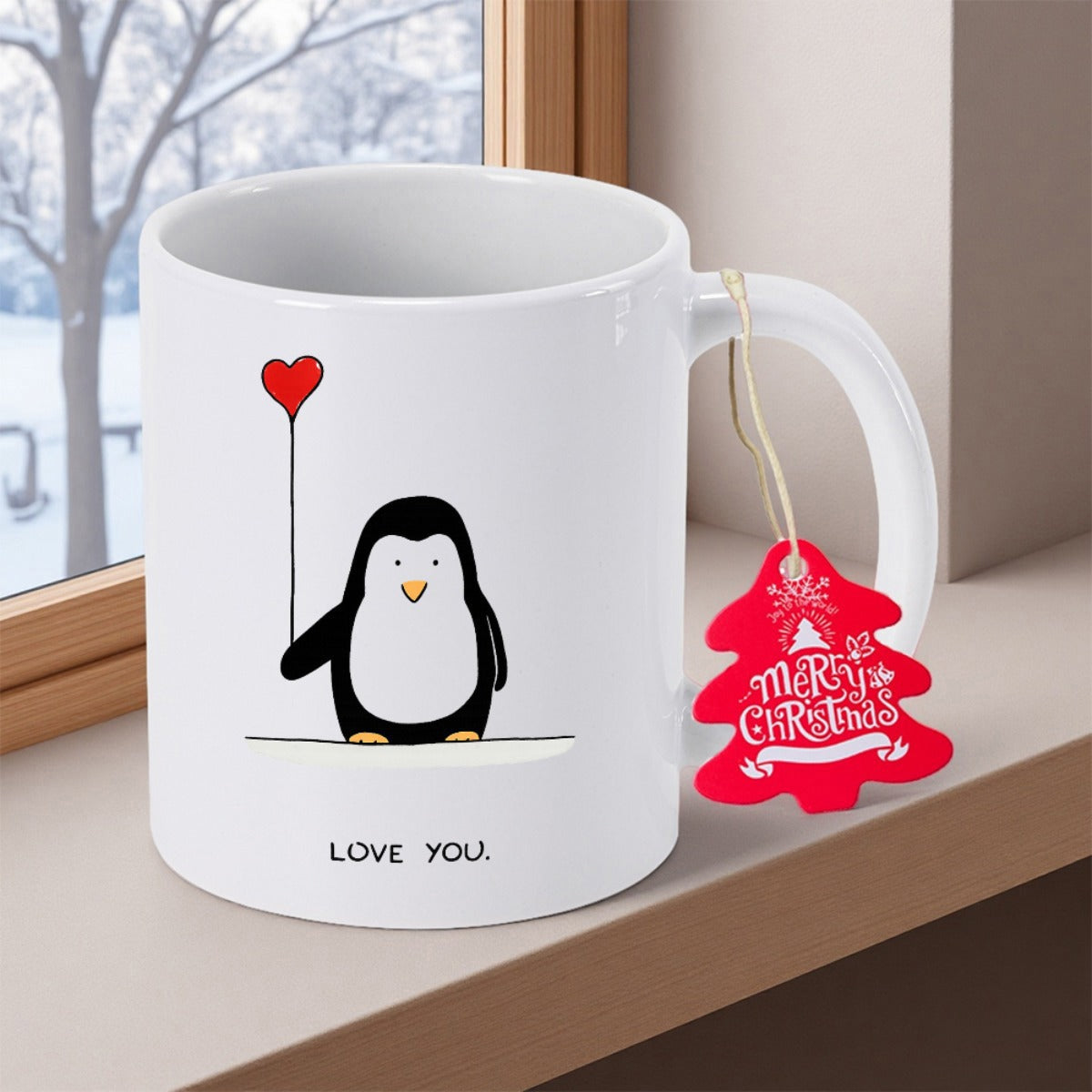 Tailorly White Ceramic 11 oz Mug - Love You Adorable Little Cartoon Character Holding Red Heart Balloon Penguin
