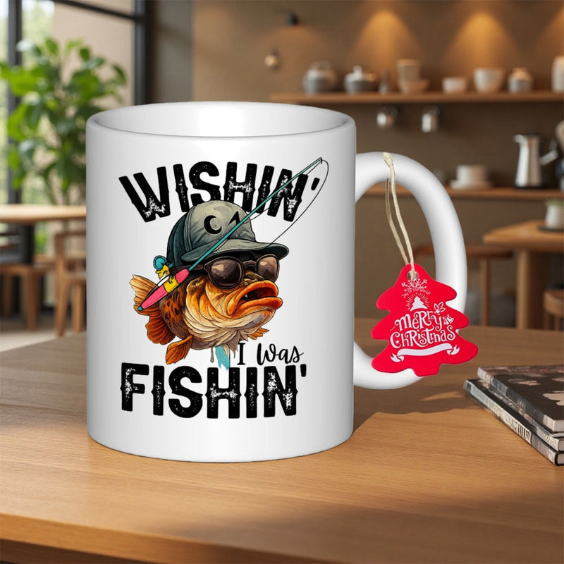 Tailorly White Ceramic 11 oz Mug - Wishin I Was Fishin Cool Cartoon Bass Wearing Sunglasses And Baseball Cap Holding Fishing Rod Fish