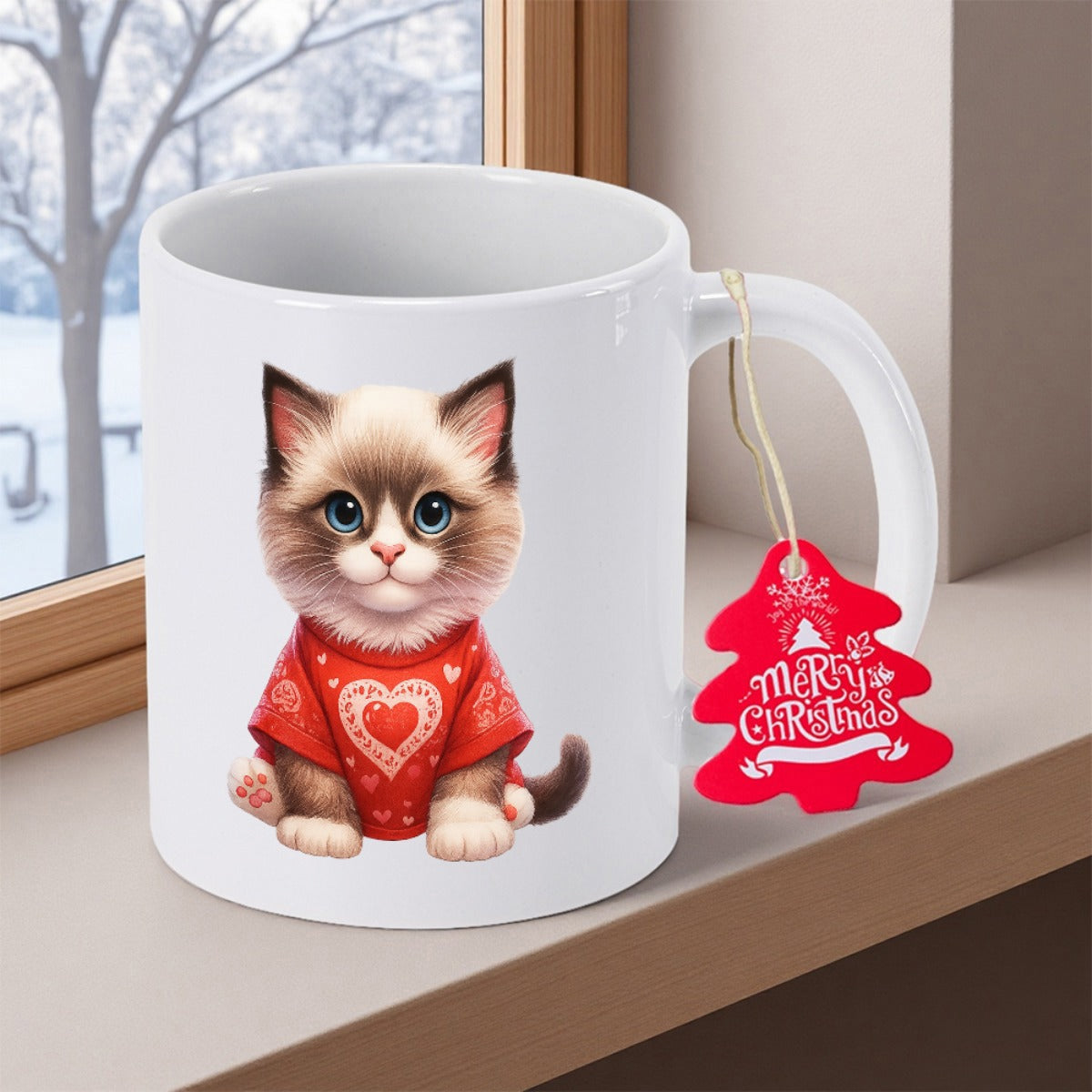 Tailorly White Ceramic 11 oz Mug - Merry Christmas Fluffy Little Kitten Wearing A Red Heart Patterned Sweater Cat